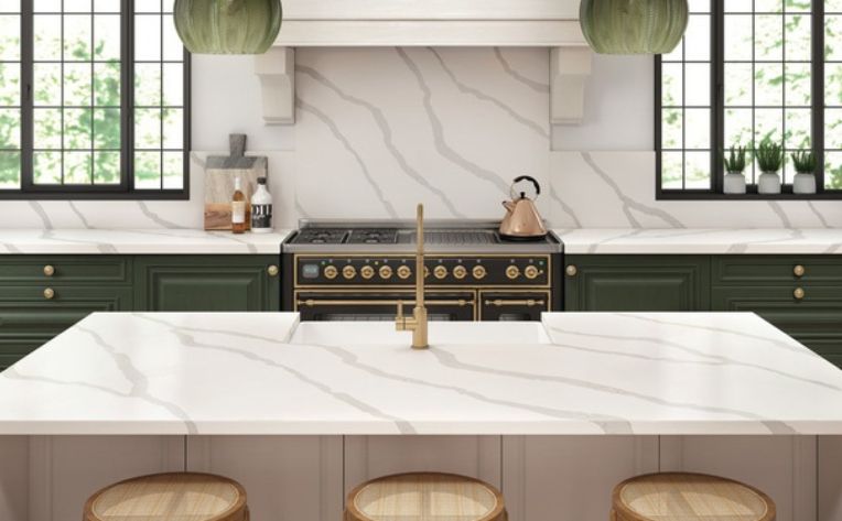 marble counters in green kitchen